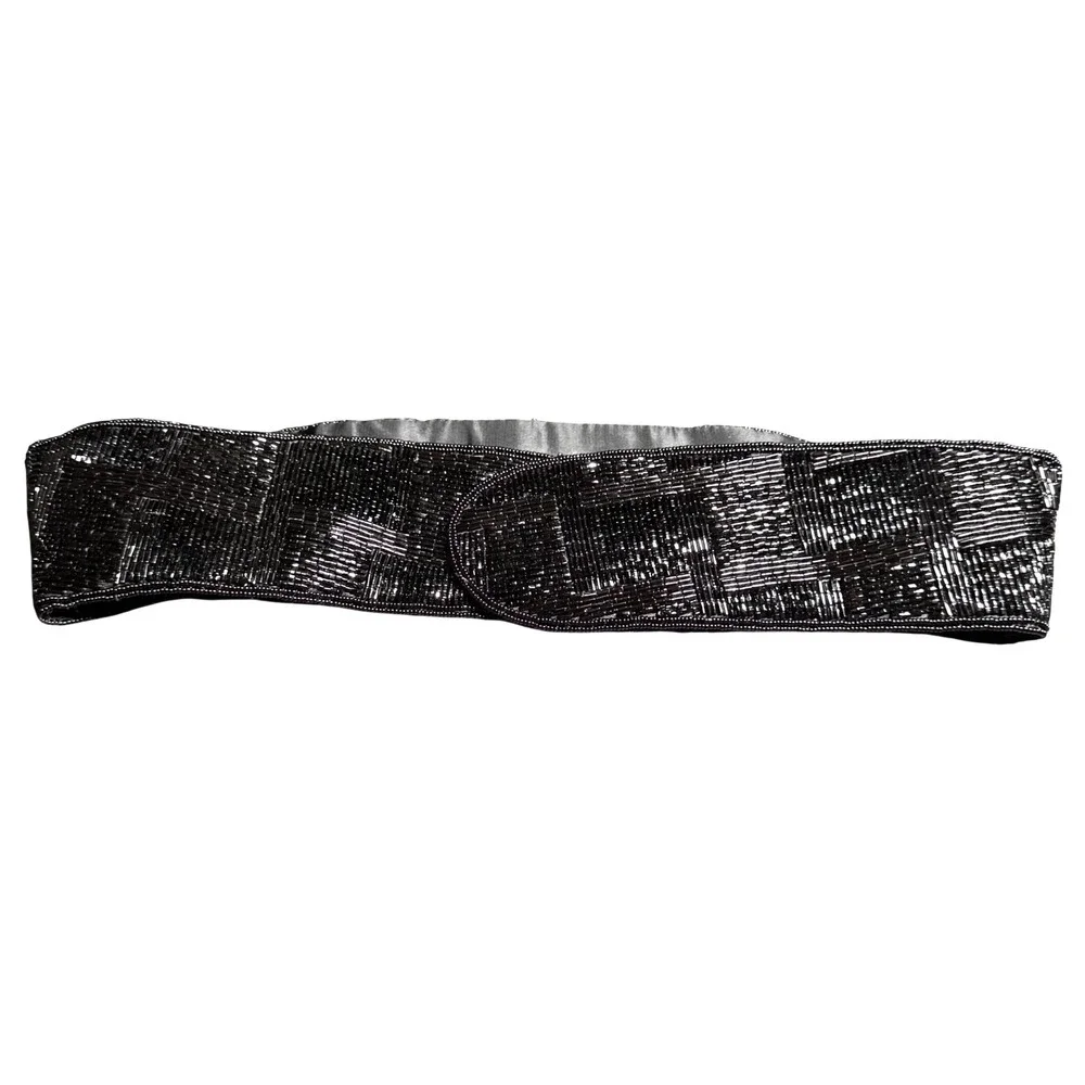 Vintage Black Beaded Wide Waist Belt Geometric Bugle Bead Velcro Closure 33 Inch